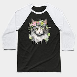 Cat Flowers Water Color Cat Mom Mother's Day Gift Idea Baseball T-Shirt